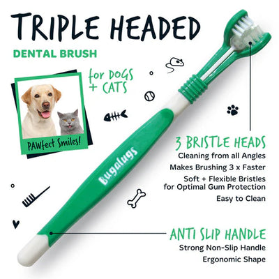 Bugalugs Triple Headed Toothbrush for Dogs & Cats - 2PCS