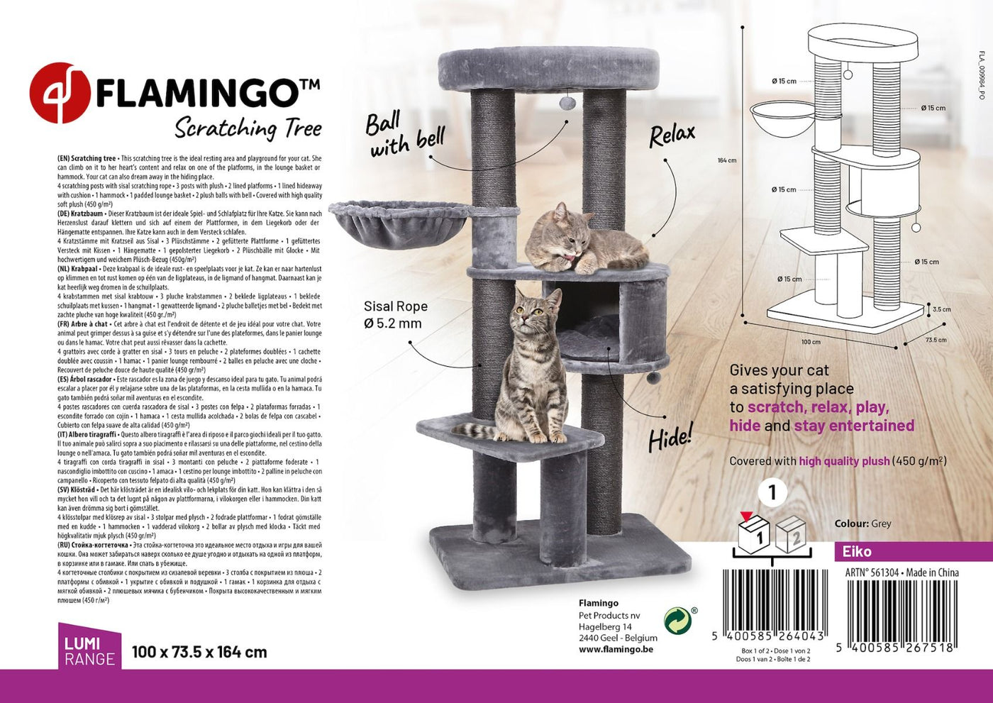 Flamingo Eiko Grey Cat Scratching Tree 100x73.5x164cm