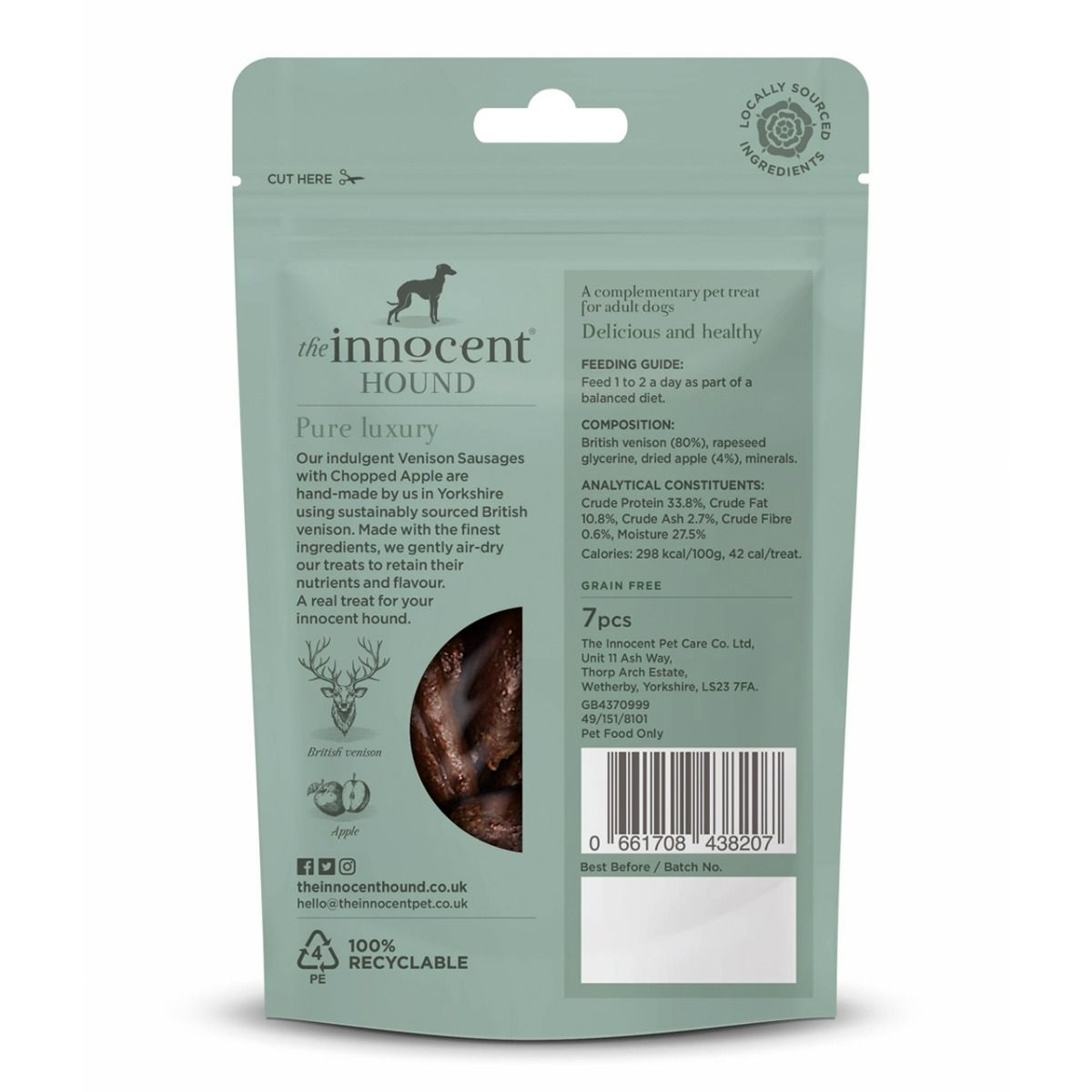 The Innocent Hound Venison with Chopped Apple Dog Sausages 7pcs